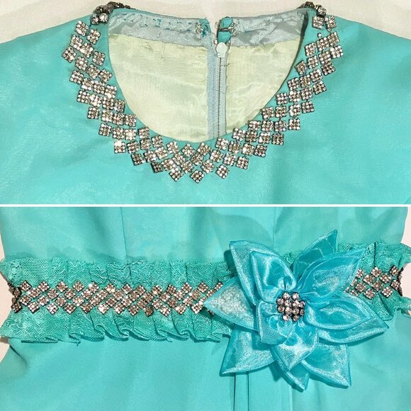 Vtg 60s 70s Holiday Formal Hostess Maxi Dress Gown Lace Rhinestone Chiffon M - Picture 3 of 6